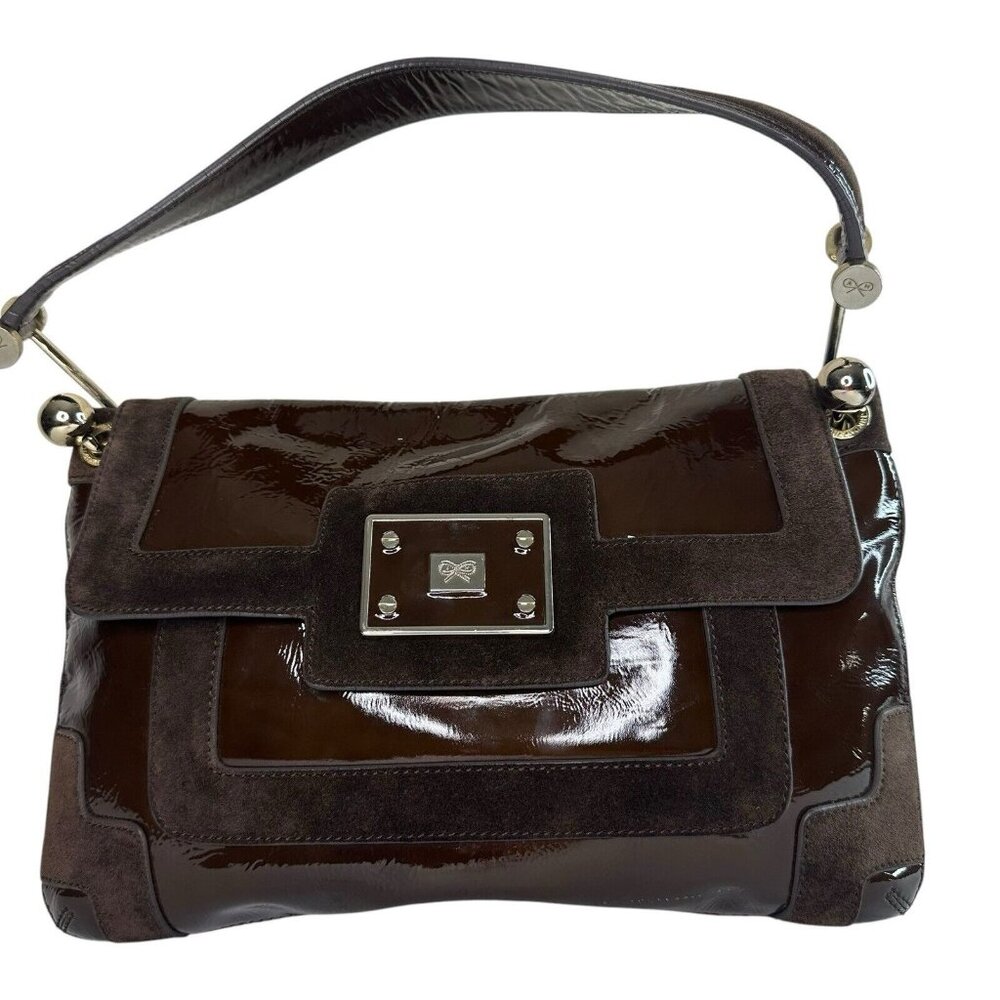 Anya Hindmarch London Shoulder Top Handle Handbag Patent Leather /Suede Brown